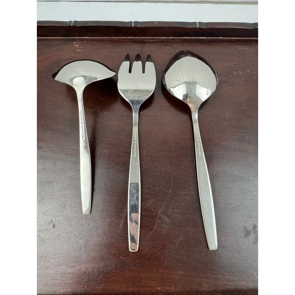 Oneida Will O Wisp Stainless Serving Set 3pc Fork Spoon Gravy Ladle Vintage MCM